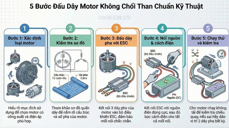 5 bước đấu dây motor không chổi than chuẩn kỹ thuật.