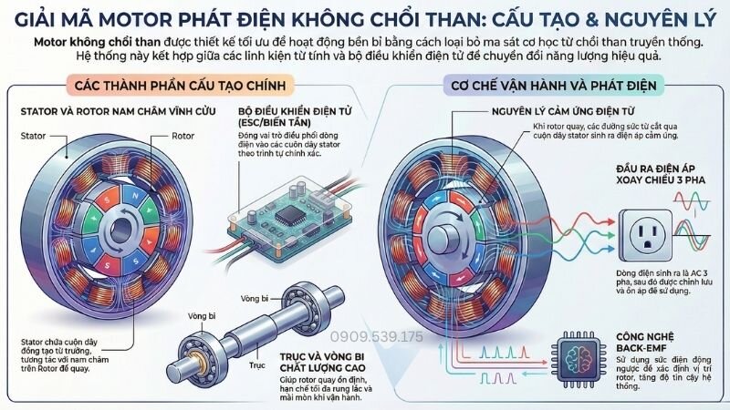 Cấu tạo và nguyên lý hoạt động của motor phát điện không chổi than.