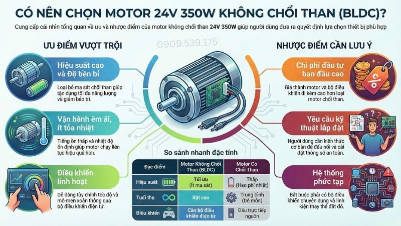 Ưu nhược điểm của motor 24v 350w không chổi than.