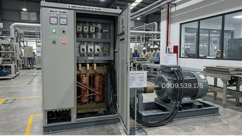 Hình ảnh máy biến áp tự ngẫu chuyên dụng để giảm điện áp cấp vào động cơ lúc khởi động.