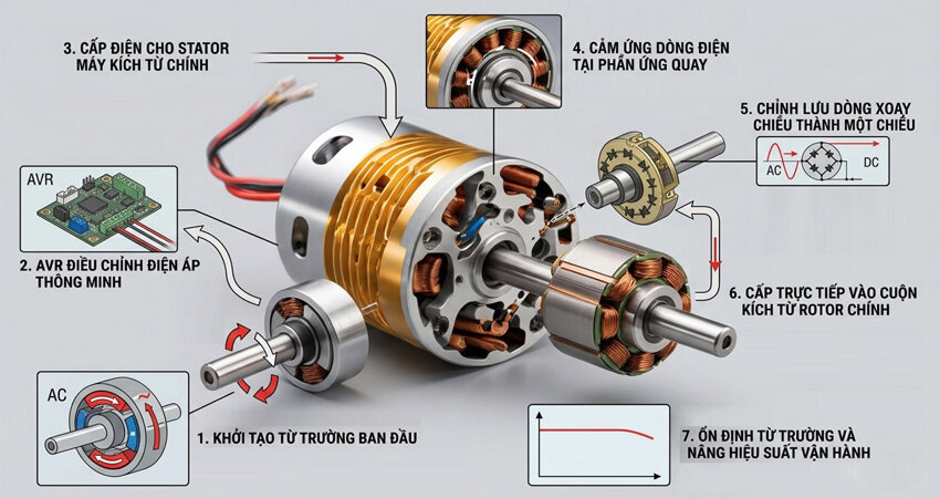 Động cơ kích từ không chổi than hoạt động tạo và điều phối dòng kích từ được thực hiện tự động