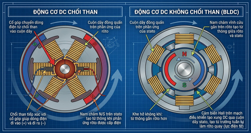 So sánh cho thấy dòng động cơ điện nhập khẩu sử dụng kích từ không chổi than vượt trội về mọi mặt kỹ thuật quan trọng